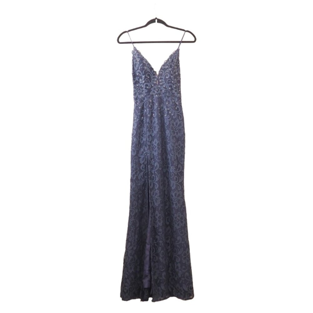 JJ’s House Yevgenia Lace Maxi Prom Leg Slit Dress 268672 Smokey sz 0
